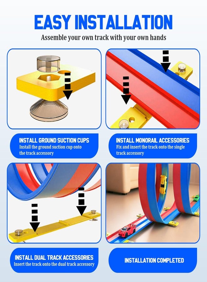 HTPREC 20ft Flexible Race Track for Kids with 4 Pull-Back Cars & Portable Storage Bag,4pcs Strong Suction Cups,5pcs Track Stabilizers,for 1/64 Cars,Roll Up Slot Car Race Track with Loops - Image 3